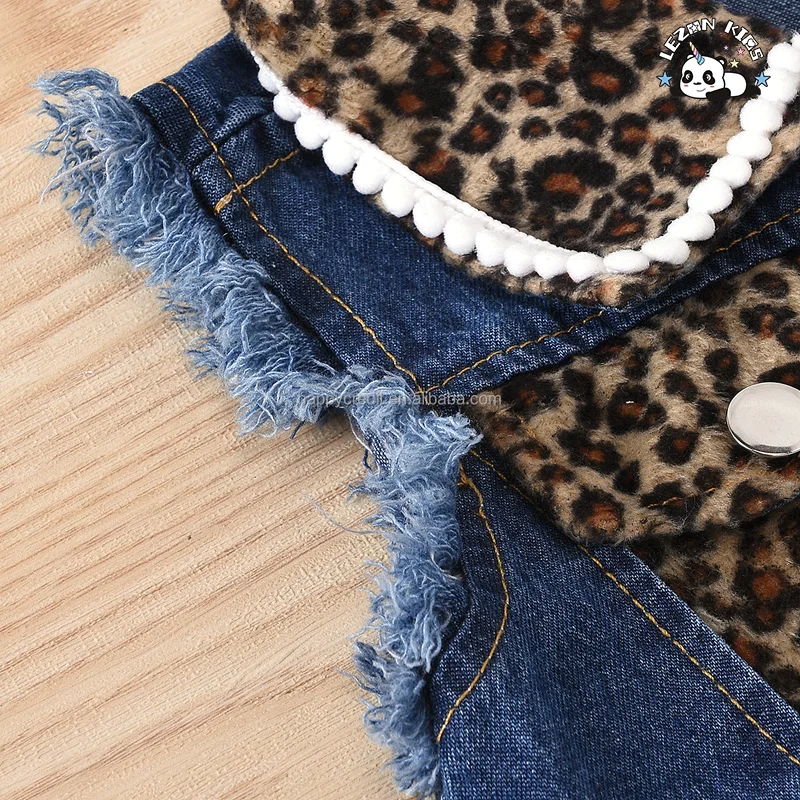 LEZONKIDS - 2023 New Children Sleeveless Lapel Denim Top and Shorts Set Leopard Print Patchwork Mesh Girls Clothing